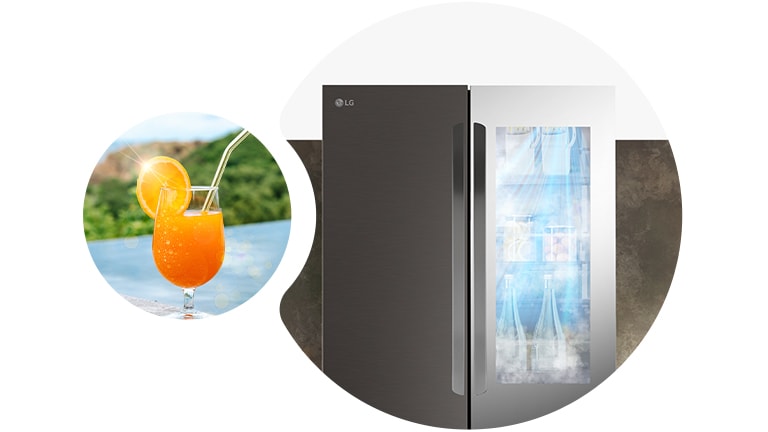 Il y a du jus d’orange dans la piscine à gauche et un réfrigérateur avec de l’air frais à droite