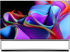 LG OLED Z3 posé au sol montrant une œuvre d’art abstraite et colorée. 