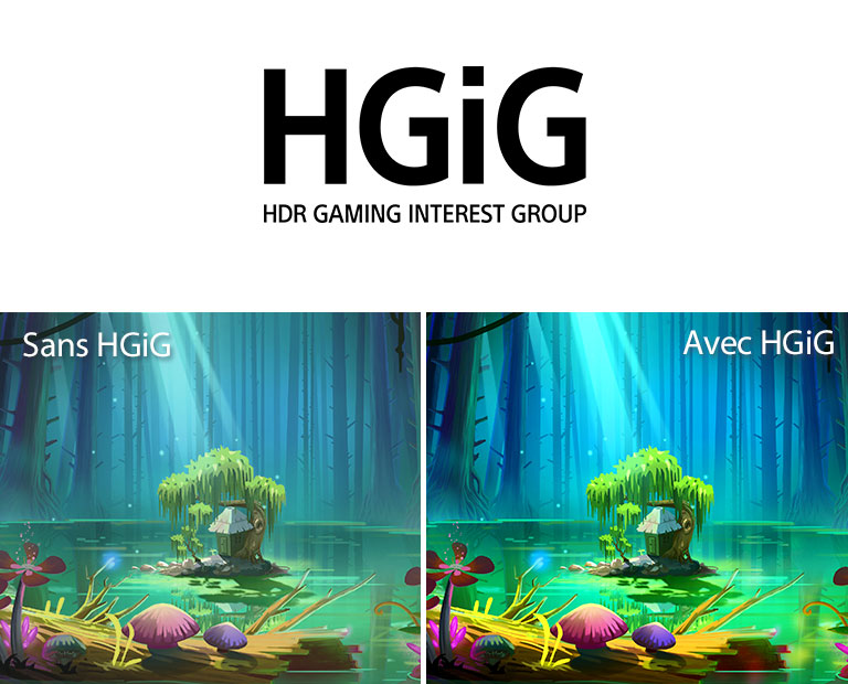 Une image animée d’une petite maison et d’un arbre, sur un petit terrain au milieu d’une mare entourée de grands arbres sans feuilles, accompagnée du texte « avec HGiG » en haut à droite, l’image est plus lumineuse et de meilleure qualité que celle sans HGiG.