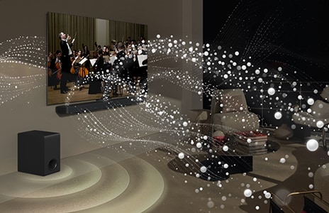 TV LG et LG Soundbar à l’œuvre dans un séjour. Barre de son, téléviseur et caisson de basse actifs.