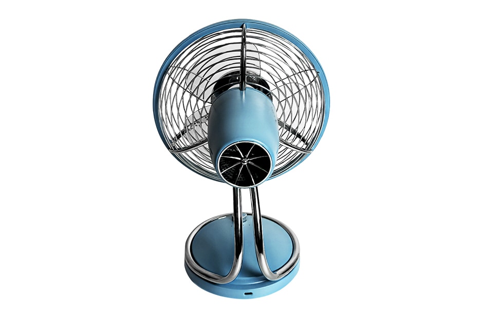 Rear view of the heritage fan showing black back cover and chrome guard	