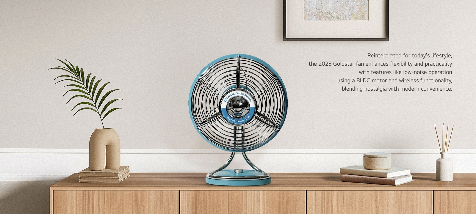 Modern revival of GoldStar fan in 2025 with BLDC motor and wireless features, styled for today’s home environment