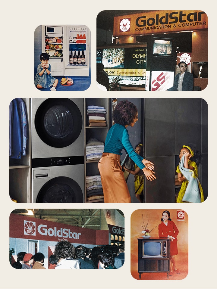 Collage of LG and GoldStar product ads from past to present, showing retro TVs, modern washers, and vintage brand booths