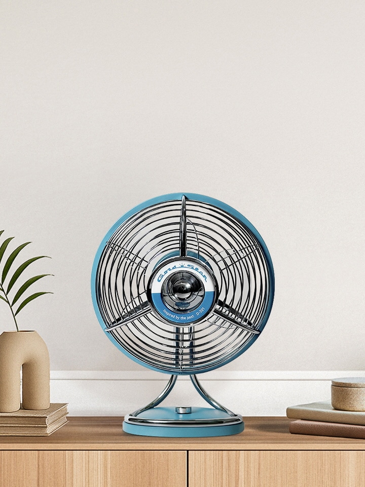 LG heritage fan on a wooden cabinet, with decorative plant and books placed beside it	