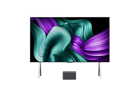 Front view of the LG OLED M with an abstract screen, showing the ZeroConnect box in the centre.