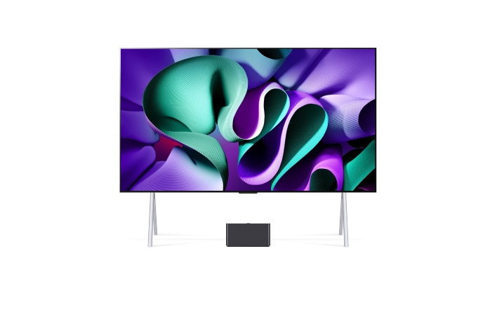 Front view of the LG OLED M with an abstract screen, showing the ZeroConnect box in the centre.