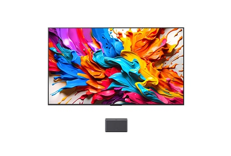 Front view of the LG QNED M with a vibrant multicolor abstract display, showing the ZeroConnect box in the centre.