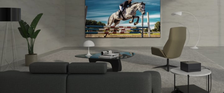  OLED M mounted on a modern apartment wall, with a Zero Connect box visible on the table
