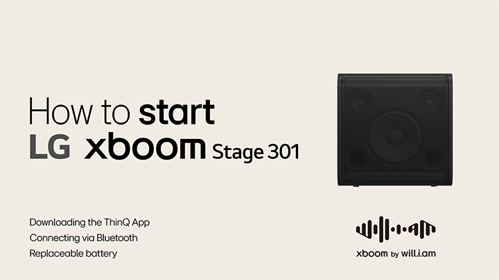 User guide video for starting LG xboom Stage301 and downloading ThinQ App