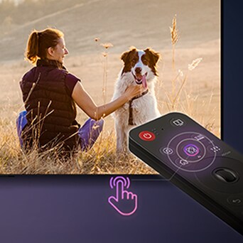 The LG AI Magic Remote in use. Shortly pressing the AI button activates the AI Assistant on the OLED TV screen, which then suggests keywords.