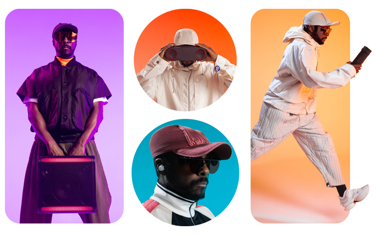 Colourful collage of will.i.am with LG XBOOM speakers and inears as part of XBOOM by will.i.am special edition