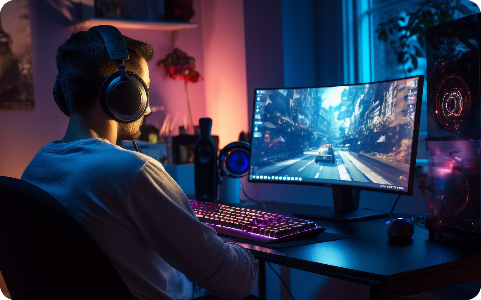 Man met koptelefoon die een videogame speelt op zijn 4k gebogen monitor, volledig opgegaan in de digitale wereld.
