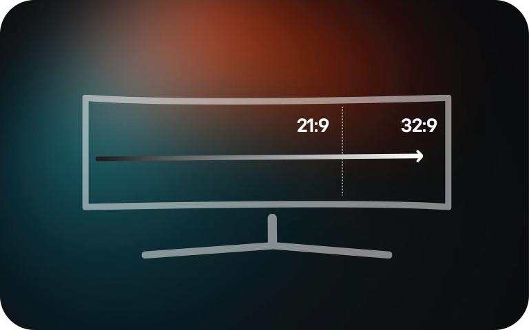 4K ultrabrede gebogen monitor met een lijn op het scherm, die een 21:9-monitor en een 32:9-monitor toont voor 5k2k oled-game-ervaring.