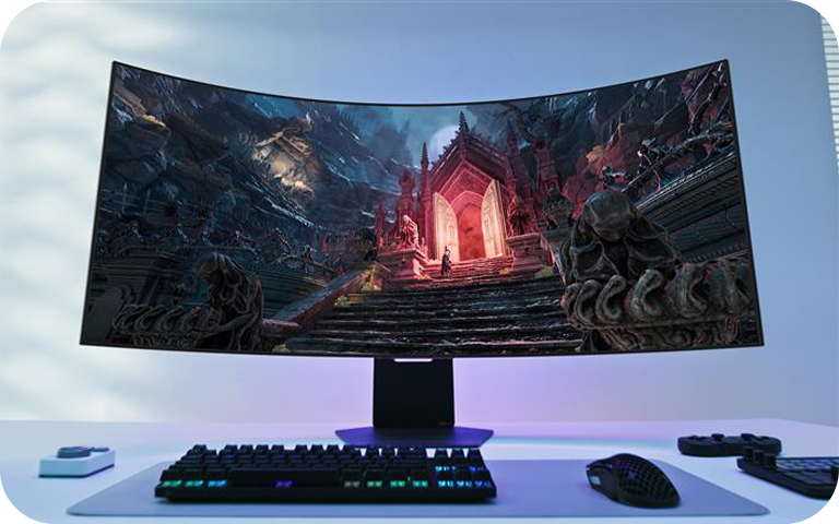 Futuristische gaming-setup met het buigbare scherm van de Ultragear GX9-serie van LG.