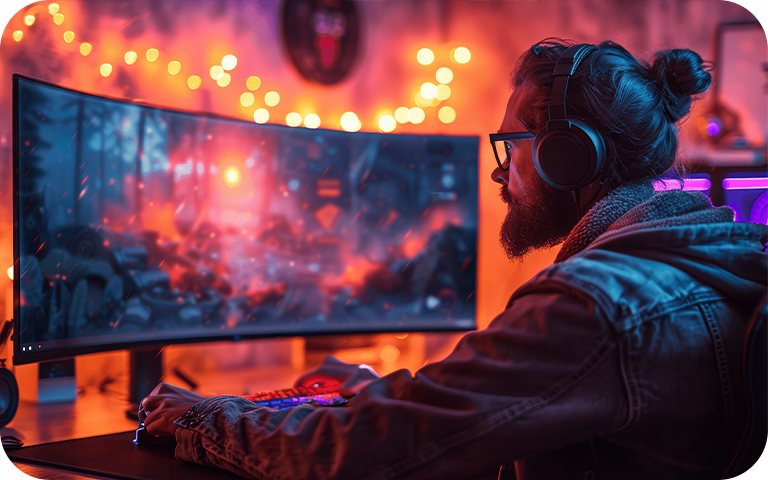 Een bebaarde man met een koptelefoon houdt zich bezig met videogames en benadrukt de gedetailleerde beelden van een 4K-gamingmonitor.