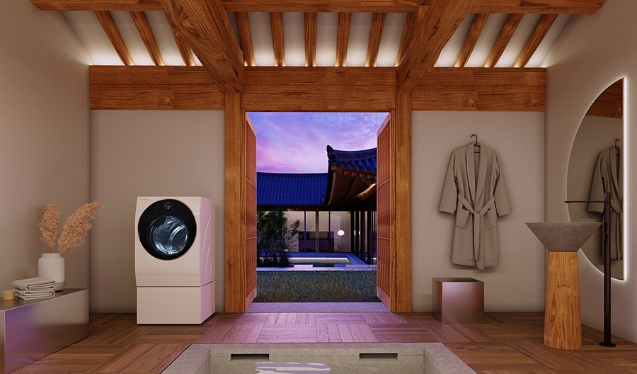 LG SIGNATURE Washing Machine is placed in the bathroom of Hanok, Korean traditional house, with a view of the beautiful sunset.