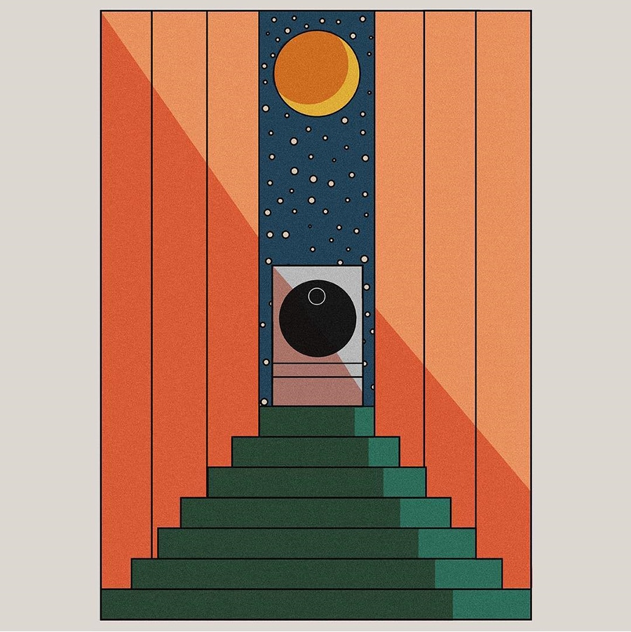 illustration of lg signature washing machine is laid on the end of the stairs with orange walls at both sides with a moon