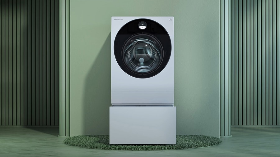 Video play (open new window) LG SIGNATURE Washing Machine is in the green artistic laundry room.