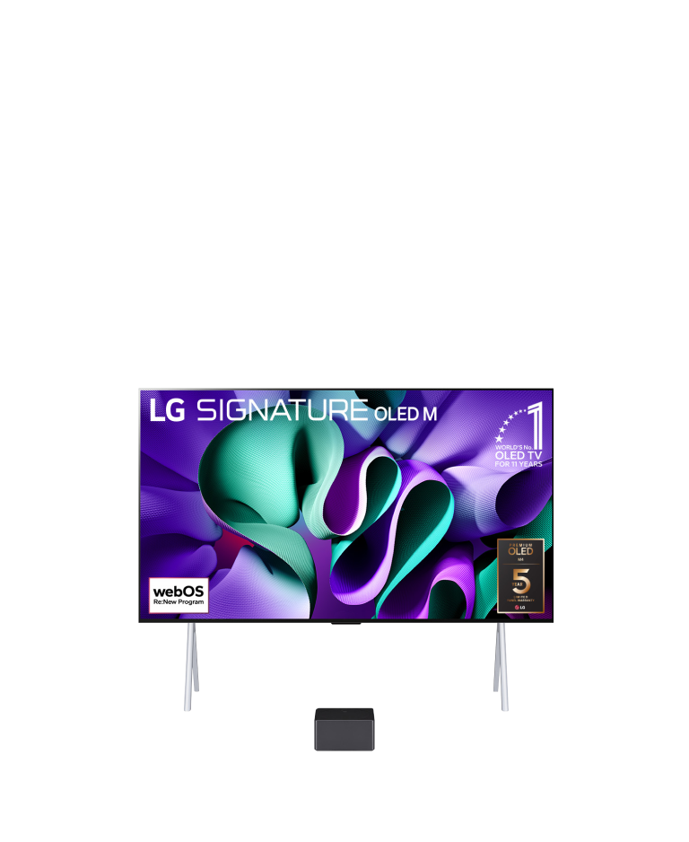 LG SIGNATURE OLED M4 shows purple and mint abstract artwork on screen, then the TV moves back and rotates to a 45-degree angle, revealing a Zero Connect Box in front of the TV on a stand in a dark space. A red Wi-Fi signal appears and a red beam emits towards the TV.