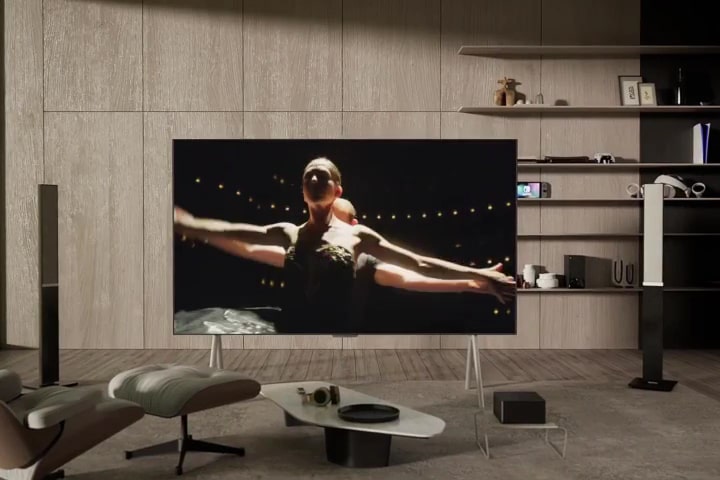 a luxurious living room with OLED M featuring ballet footage
