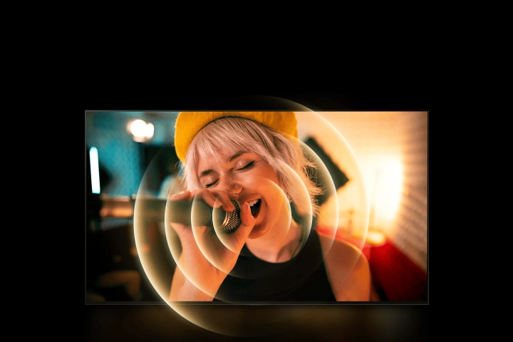 A woman singing with a microphone in her hand and orange circle graphics around her mouth to show the soundscape.