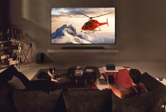 In a luxurious living room with a view of the night skyline, a performance of a male ballet dancer and a female ballerina is playing on the OLED M TV mounted on the wall.