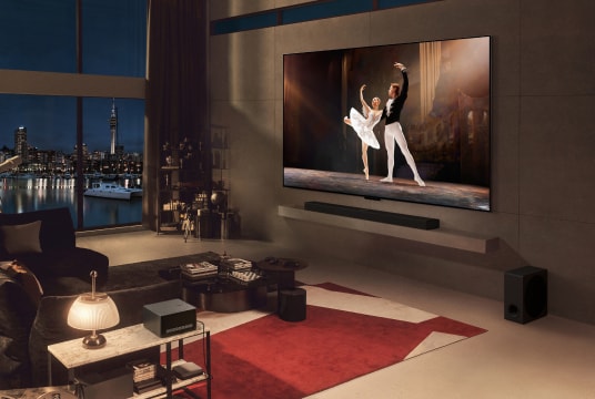 In the evening-lit living room, a man is sitting on the sofa with his dog, watching a scenic movie. On the table in front of them, there is a zero connect box placed.