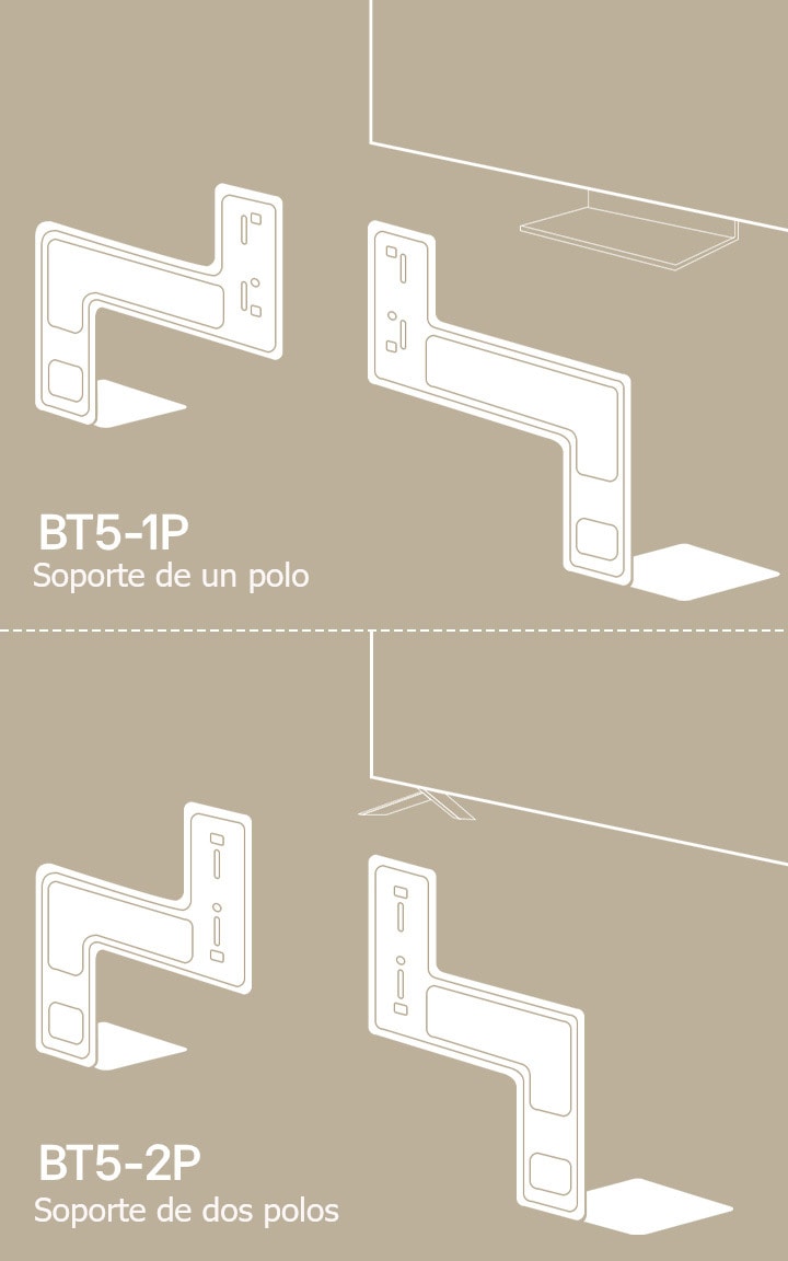 Ilustración de un televisor con soporte de un polo y un televisor con soporte de dos polos emparejados con sus correspondientes soportes WOW Brackets. Debajo de cada televisor se ve el texto “BT5-1P/Soporte de un polo” y “BT5-2P/Soporte de dos polos” según corresponda.