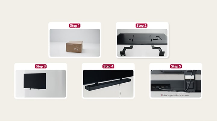 Five boxes are labelled Step 1-5 in numerical order, each box showing a different step of the soundbar bracket installation process.