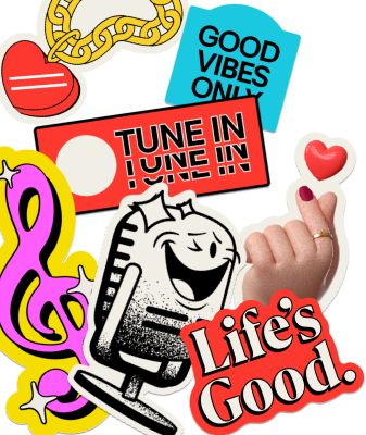 On the left side of the banner, there are various icons related to Radio Optimism and Life's Good.