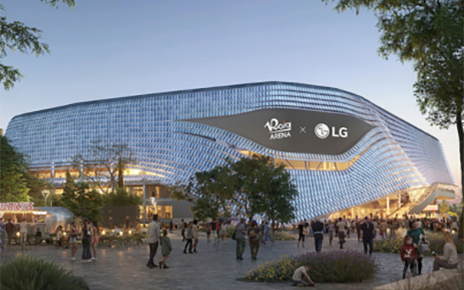 An expansive screen on the facade of the Roig Arena, Spain's largest indoor arena, displaying the logos of the stadium and LG.