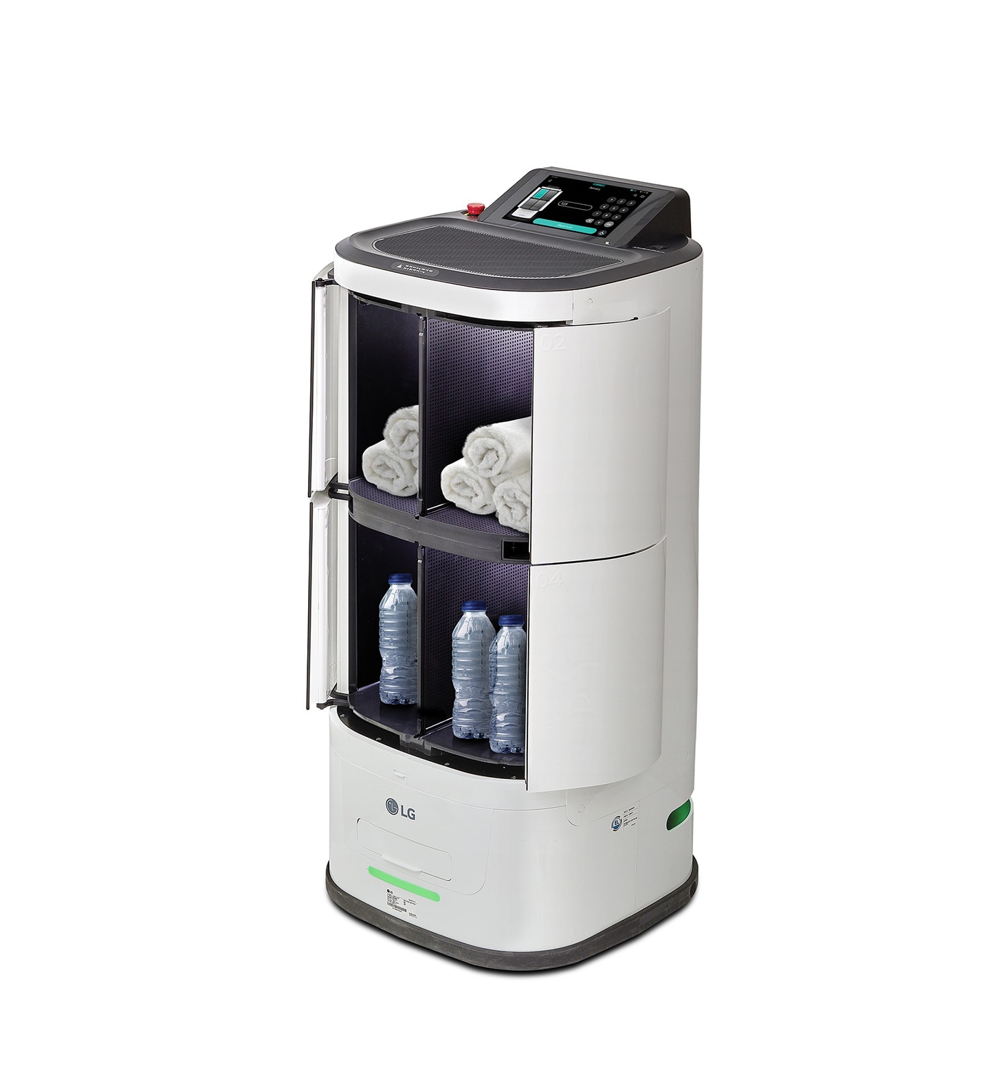The new LG CLOi ServeBot (model LDLIM31) with towel and water bottle amenities inside the storage space