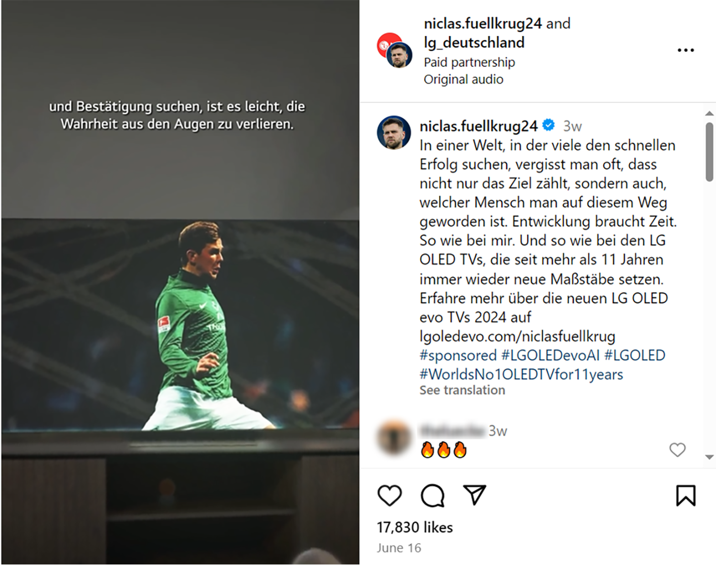 A Photo captured from an Instagram post by Niclas Füllkrug about LG's OLED TVs 