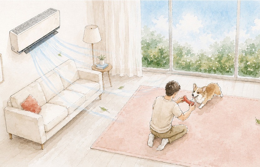 Watercolor and ink illustration on textured cream paper, wide horizontal crop, no text overlay. A living room with a white wall-mounted air conditioner blowing pale blue air streams and loose leaves across the room. A cream sofa with a coral cushion sits against the left wall beside a small round side table with a lamp and potted plant, and a framed landscape picture hangs above. A wooden bookshelf with wicker baskets, plants, and framed photos stands on the right. In the center, a large sliding glass door with sheer curtains reveals green treetops under a blue sky. On a pink area rug in the foreground, a man with short dark hair, wearing a light shirt, beige pants, and white sneakers, kneels playing with a corgi dog, holding a red toy between them. 