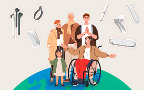 Image of five people standing on the top of the Earth with LG's products that enhance accessibility floating in the air