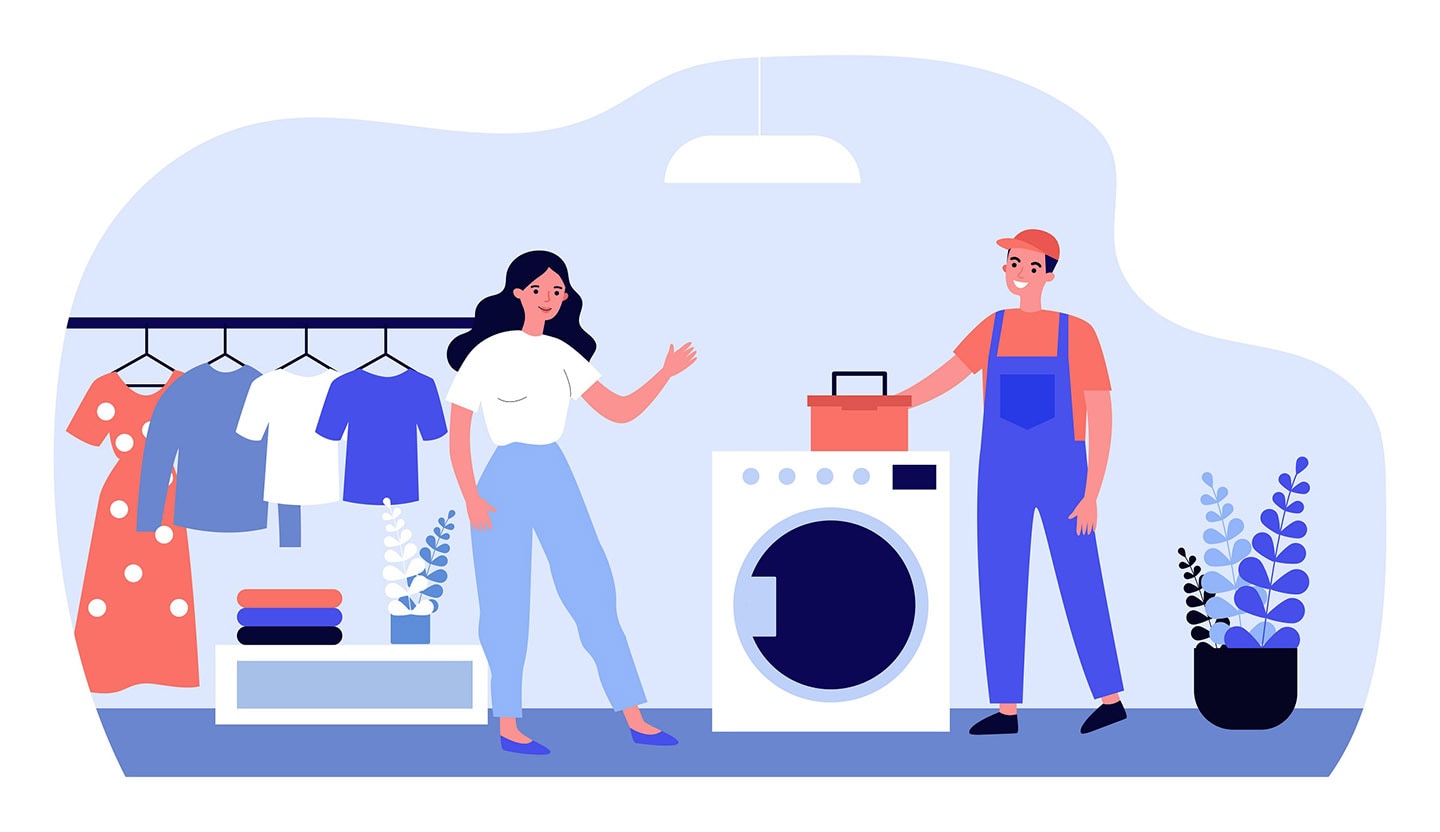 A illustration of man and woman standing in the laundry with washing machine in-between 