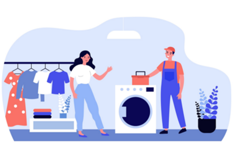 A illustration of man and woman standing in the laundry with washing machine in-between 