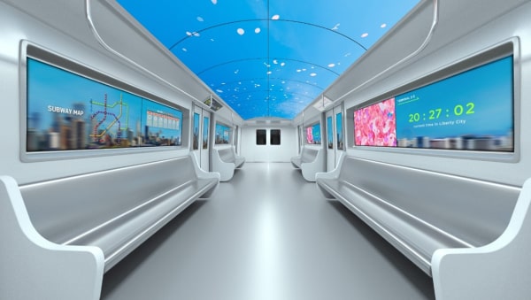 The inside of a subway train with LG signage used to display information or views on the windows which can be experienced through the company's virtual tourThe inside of a subway train with LG signage used to display information or views on the windows which can be experienced through the company's virtual tour