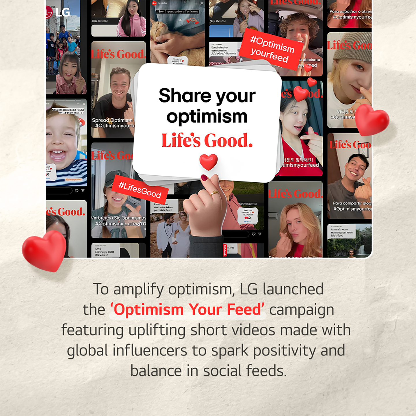 An illustration of people who participated in the Optimism Your Feed campaign and a description of the campaign under the picture 