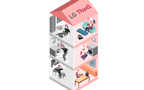 An illustration of a three-story house with people inside conveniently using LG's devices thanks to the LG ThinQ app and its diverse features.