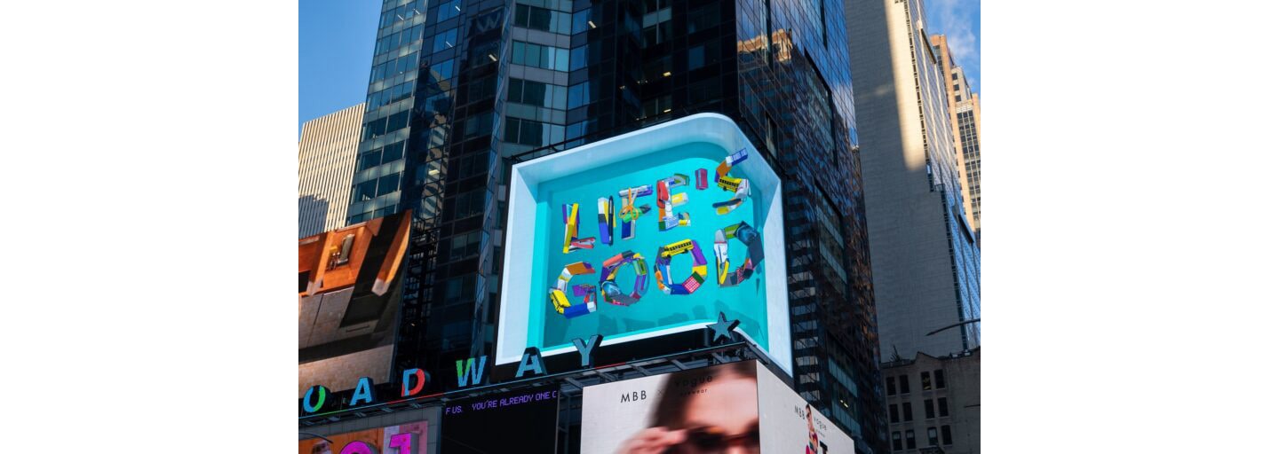 The Life's Good Campaign video playing on LG’s gigantic display in Times Square, New York City.