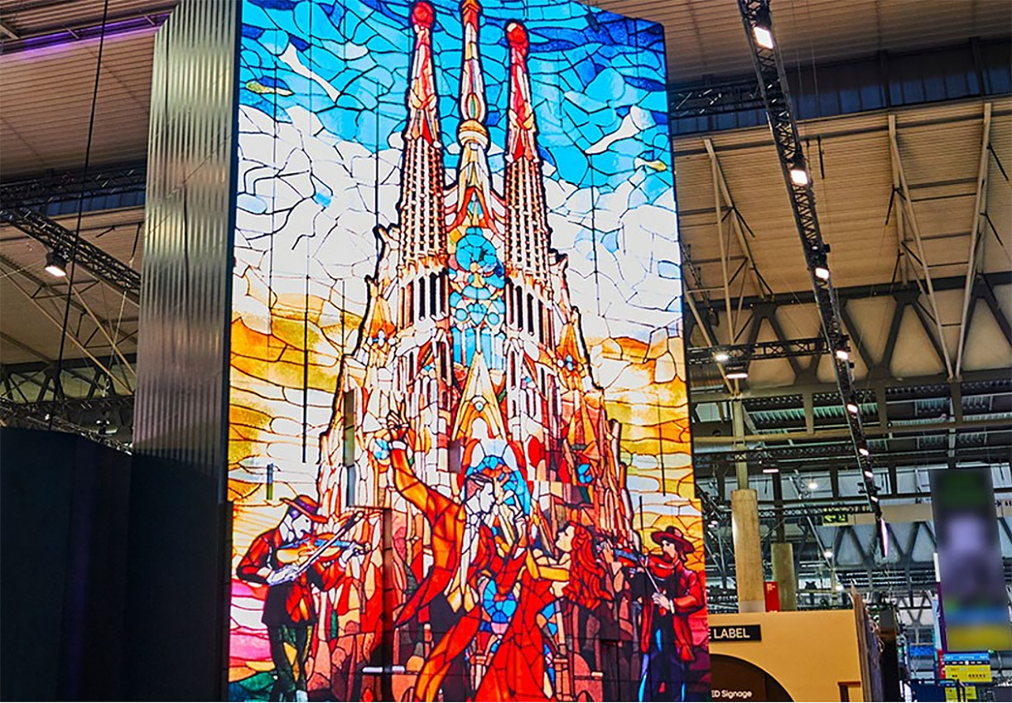 A picture of the kinetic LED signage displaying artwork