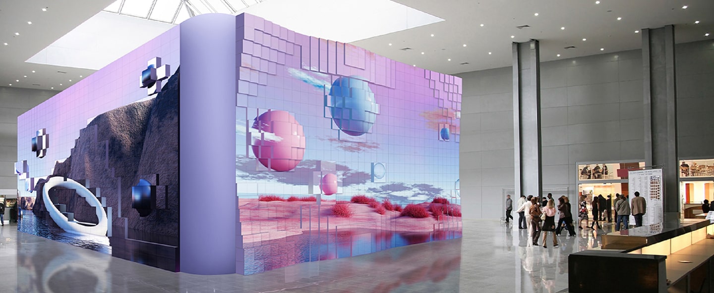 A landscape image of the kinetic LED signage dispaying mesmerizing artwork at a public area