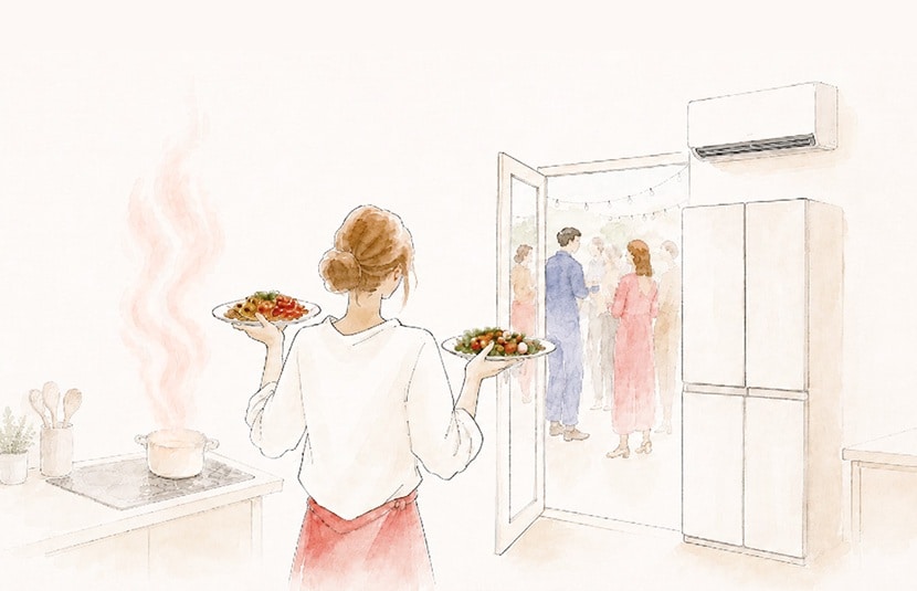  Watercolor and ink illustration on textured cream paper, wide horizontal crop, no text overlay. A woman with her hair in a bun, seen from behind in a white top and red apron, carries two plates of food across a kitchen. A pot releases swirls of pink steam on the stove at the left, guests chat in a bright open doorway in the center background, and a white wall-mounted air conditioner and a tall white refrigerator stand along the right wall beside a window.