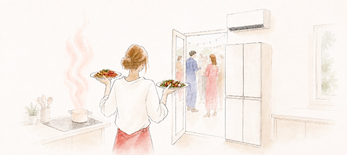  Watercolor and ink illustration on textured cream paper, wide horizontal crop, no text overlay. A woman with her hair in a bun, seen from behind in a white top and red apron, carries two plates of food across a kitchen. A pot releases swirls of pink steam on the stove at the left, guests chat in a bright open doorway in the center background, and a white wall-mounted air conditioner and a tall white refrigerator stand along the right wall beside a window.
