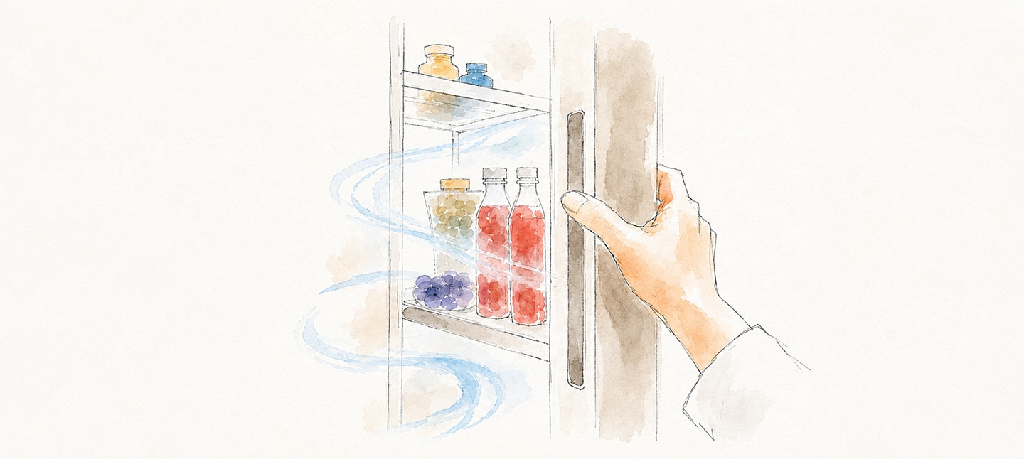 Watercolor and ink illustration on textured cream paper, wide horizontal crop, no text overlay. A close-up of a hand pulling open a refrigerator door, revealing shelves stocked with bottles of red juice, small jars, and bowls of blue and purple berries. Pale blue watercolor swirls of cool air stream around the shelves.