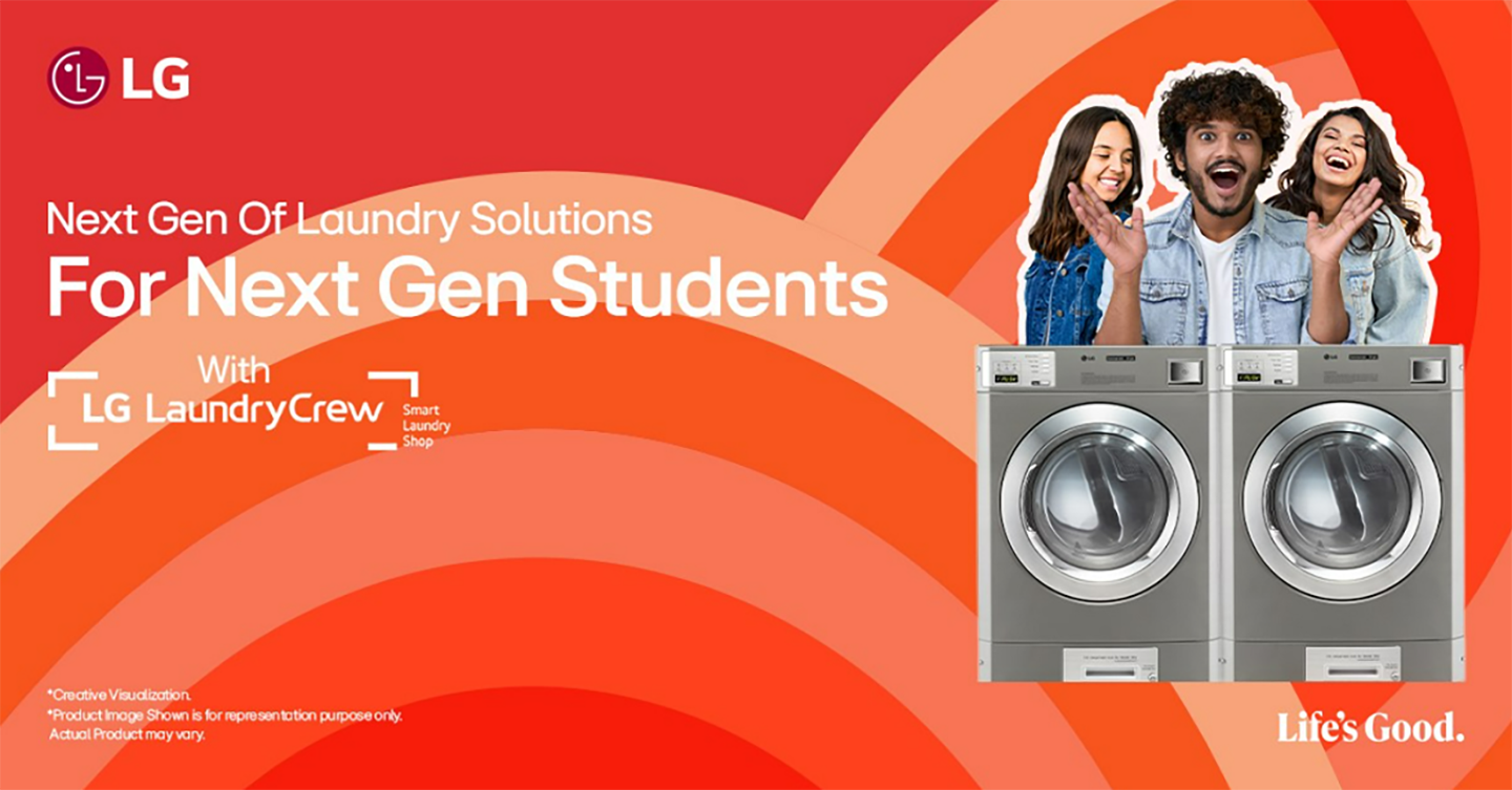 A photo of LG LaundryCrew event with a large Life's Good logo, filled with LG Laundry products