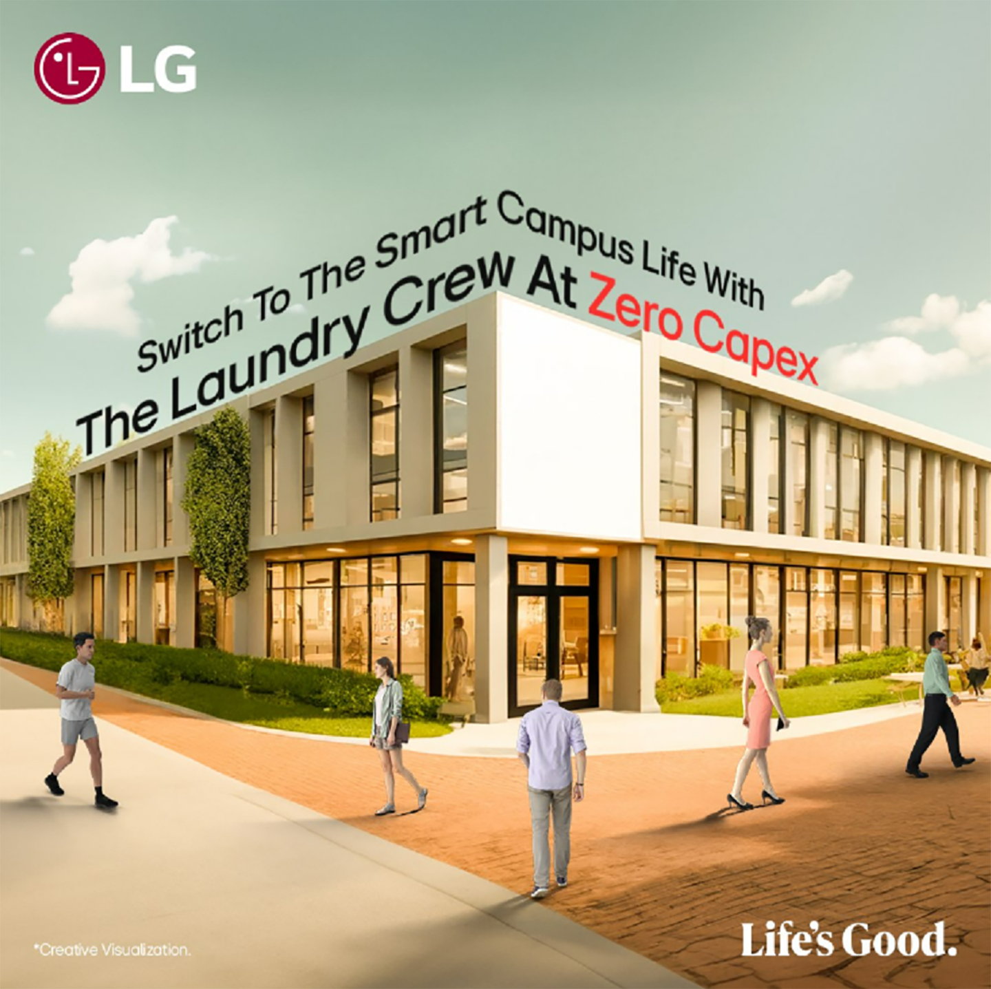 A photo of multiple washing and drying machines specifically designed for laundromats displayed in the LG Laundry Crew