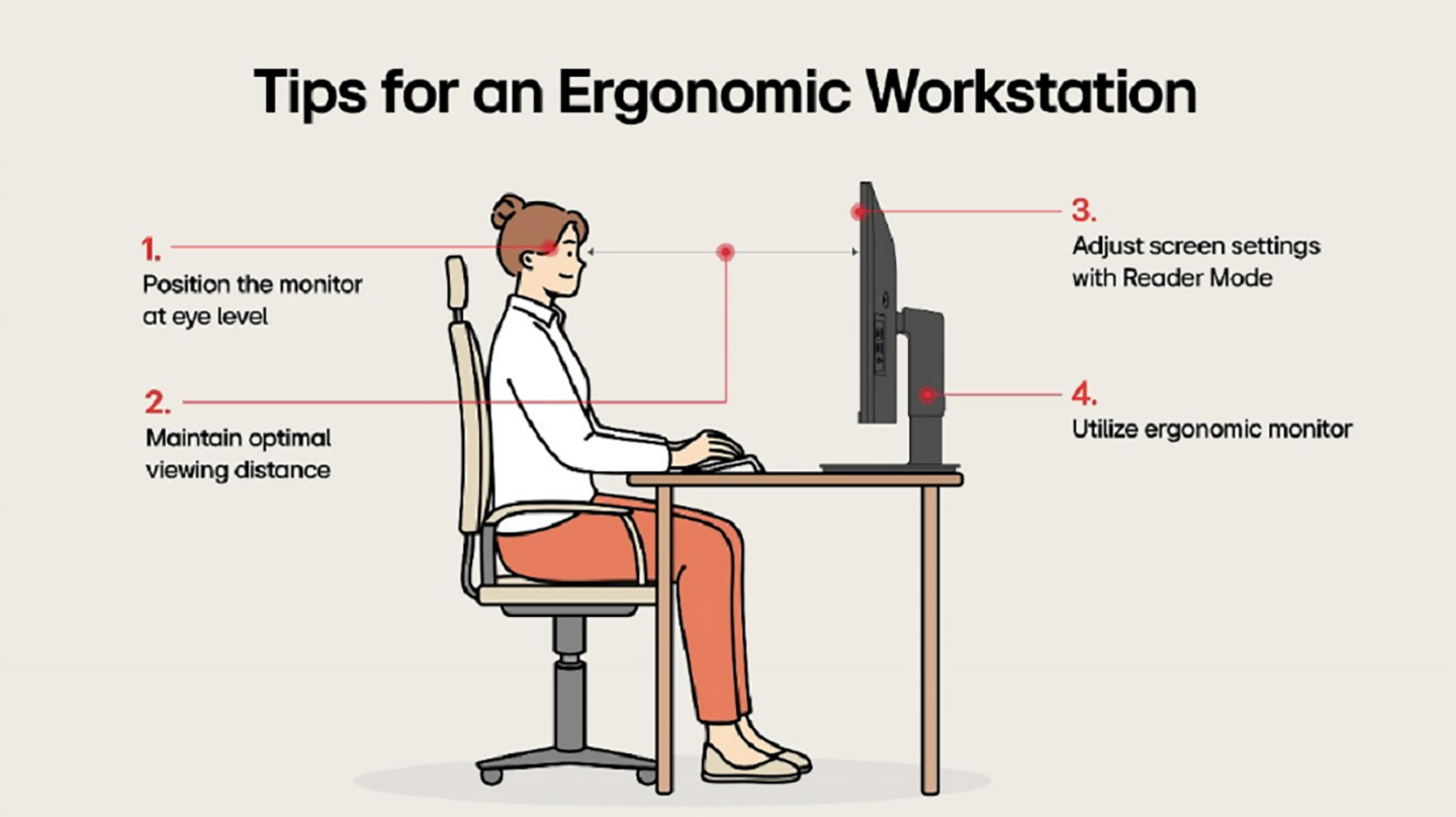 An illustration of a woman sitting on a desk looking at a computer with tips for an ergonomic workstation