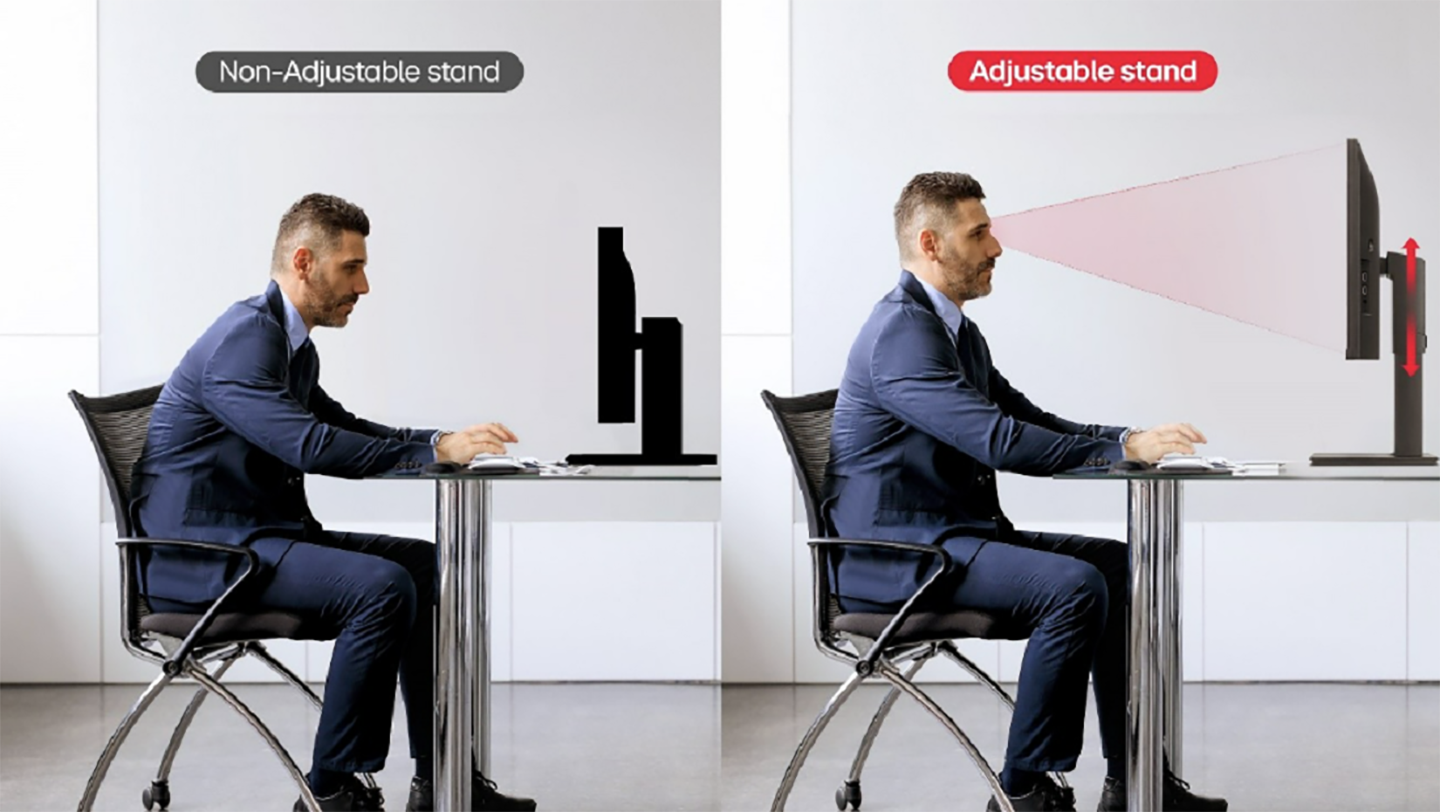 A comparison of a man with an adjustable stand and without one
